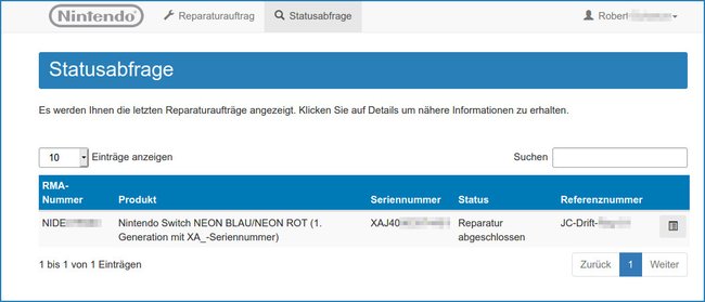 Im Nintendo-Reparaturportal könnt ihr den Status eurer Joy-Cons sehen. Bild: GIGA