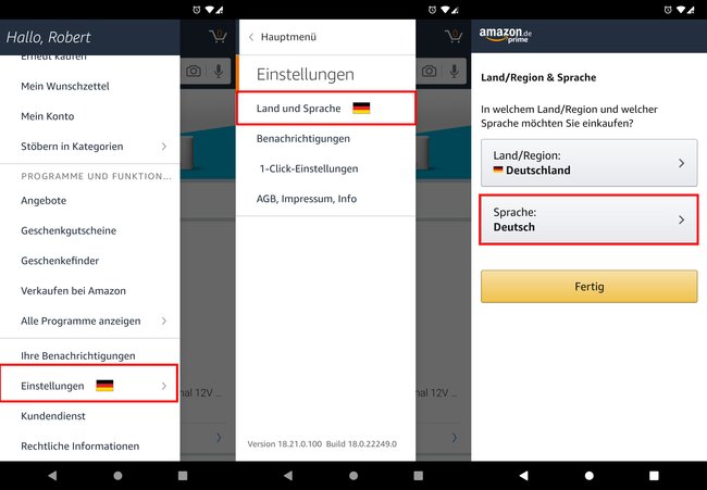 So ändert ihr die Sprache in der Amazon-App. Bild: GIGA