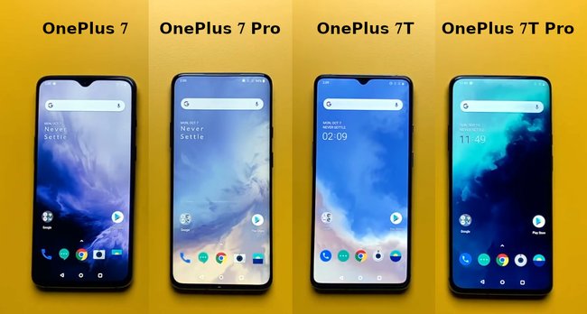 So sehen die OnePlus-7-Smartphones nebeneinander aus. Bild: YouTube-Kanal „91mobiles“