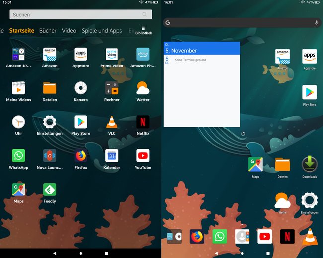 Links die Standard-Benutzeroberfläche. Rechts haben wir den Nova-Launcher installiert. Bild: GIGA