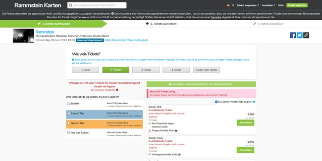 Screenshot: Viagogo bietet Rammstein-Tickets an