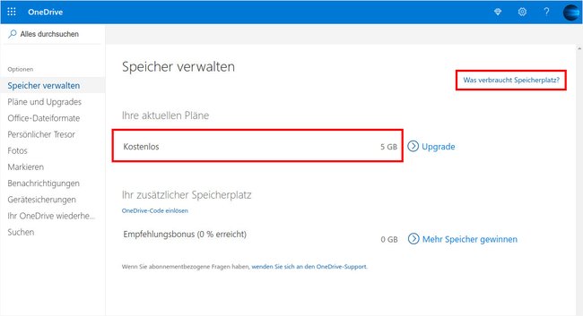 Hier seht ihr, wie viel Speicherplatz ihr auf OneDrive zur Verfügung habt. Bild: GIGA