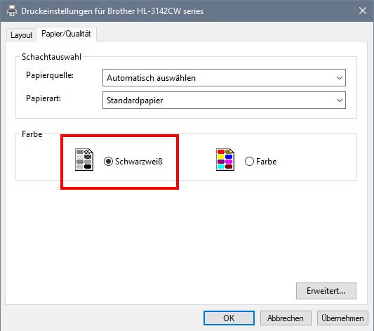 Hier haben wir „Schwarzweiß“ als Druckoption eingestellt. Bild: GIGA