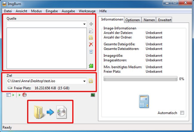 Wählt hier Quelldaten und Zielspeicherort für die ISO-Datei aus. Bild: GIGA
