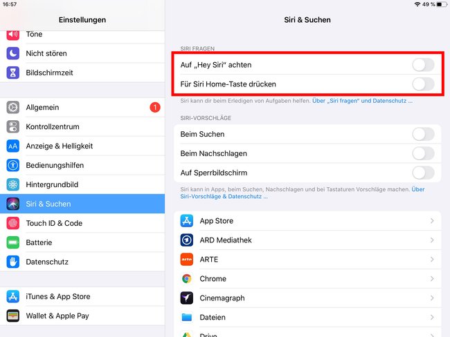 Hier seht ihr die Optionen, um Siri auf dem iPad zu aktivieren. Bild: GIGA