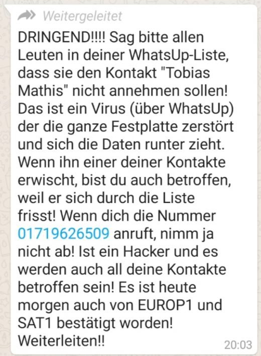 Betrugsnachricht über einen angeblichen „Tobias Mathis“. Bild: Mimikama.at