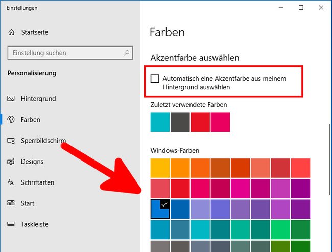 Hier ändert ihr die Farbe für Startmenü und Taskleiste. Bild: GIGA