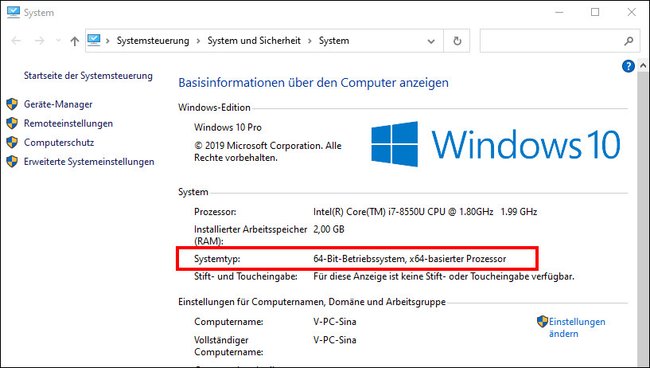 Hier ist Windows als 64-Bit-Version installiert. Bild: GIGA