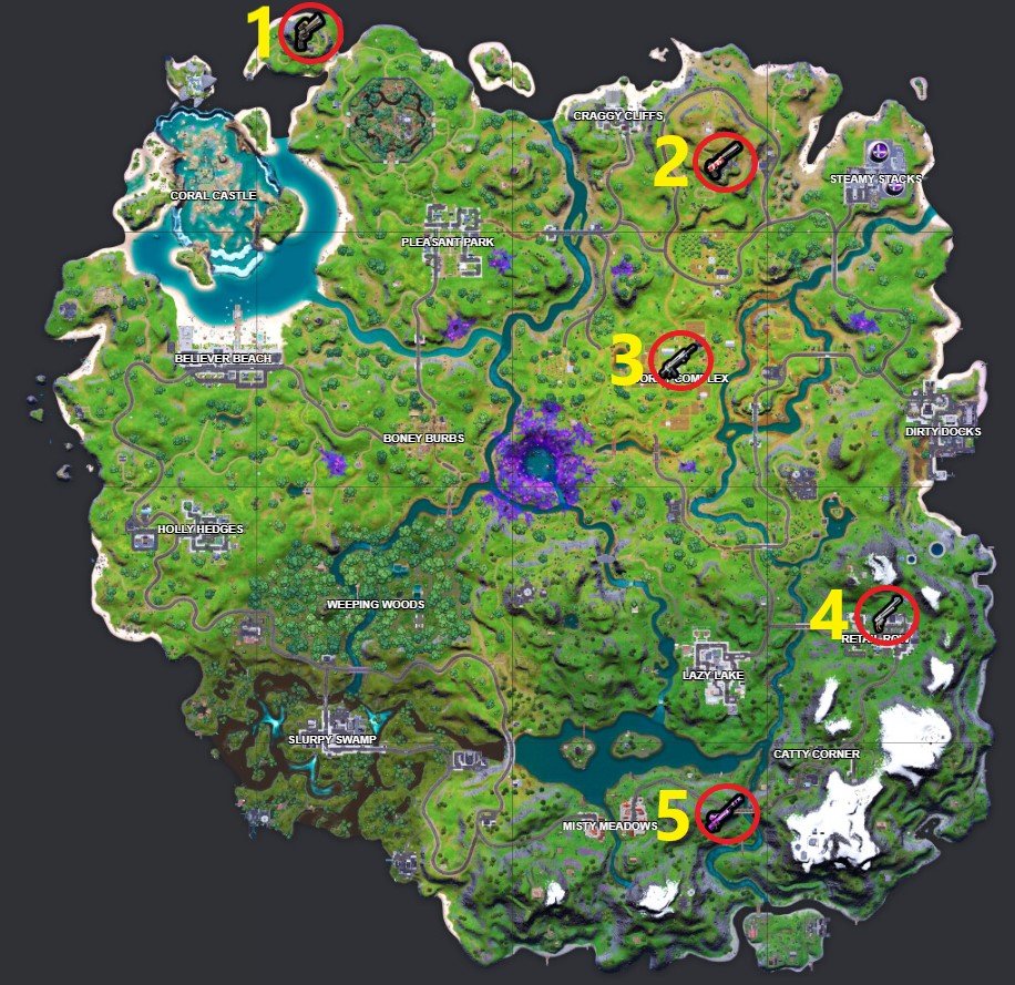 Map with the locations of the 5 mythical weapons in Fortnite.