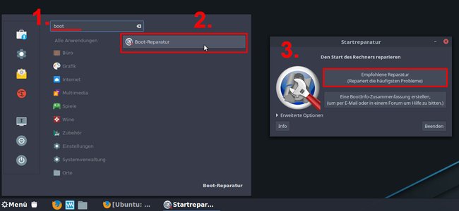 Das Tool „Boot-Reparatur“ stellt den GRUB-Bootloader wieder her. Bild: GIGA