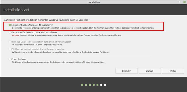 Linux Mint hat die Windows-10-Installation erkannt und installiert Linux Mint daneben. Bild: GIGA