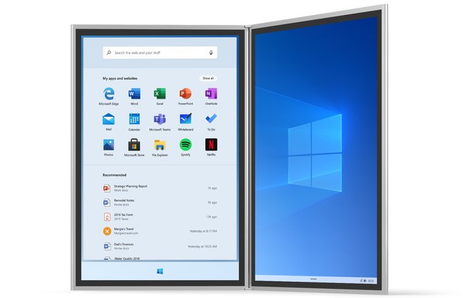 Windows 10X auf einem Dual-Screen-Gerät. Links seht ihr den Launcher von Windows 10X. Bild: Microsoft.