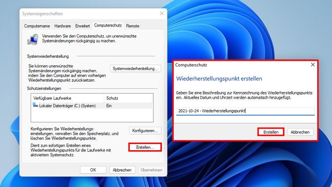 So erstellt ihr einen Wiederherstellungspunkt in Windows. Bild: GIGA