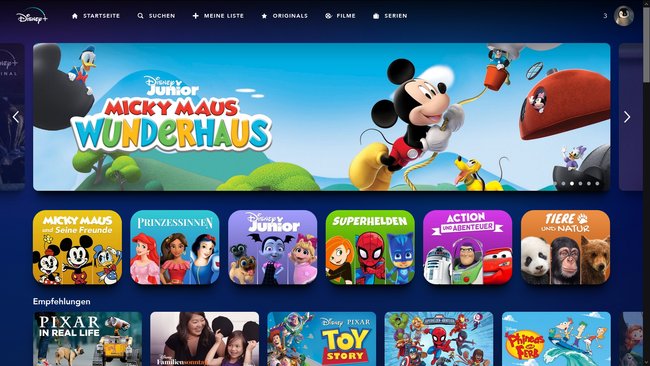 Mit dem Kinderprofil wird Disney+ etwas bunter und beschränkt die Auswahl auf Inhalte die ohne Altersbeschränkung freigegeben sind (Screenshot: Disney+)