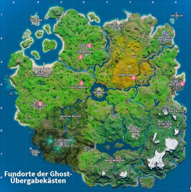 Einige Fundorte der weißen Ghost-Übergabekästen in Fortnite.