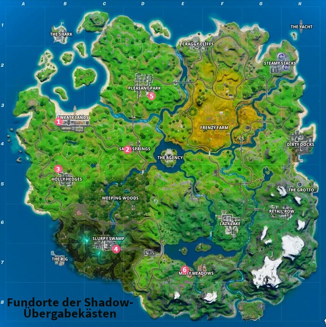 Einige der Fundorte für die schwarzen Shadow-Übergabekästen in Fortnite.