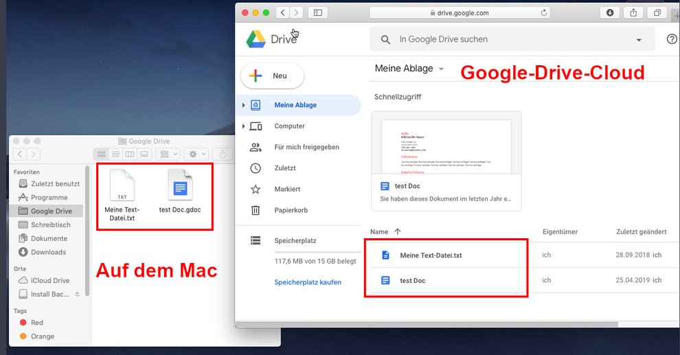 Hier seht ihr links die zu synchronisierenden Dateien auf dem Mac. Rechts sind die Dateien ebenfalls über die Cloud im Browser erreichbar. Bild: GIGA