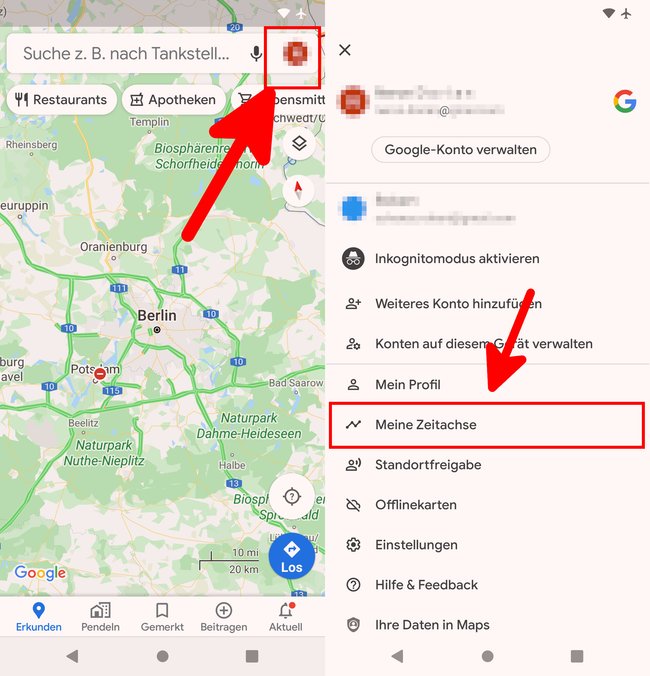So öffnet ihr die Google-Maps-Timeline in der App. Bild: GIGA