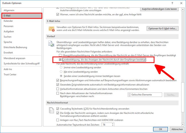 Hier aktiviert ihr die Lesebestätigungen in Outlook. Bild: GIGA