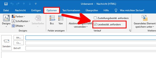 Im Menü „Optionen“ aktiviert ihr die Lesebestätigung für diese E-Mail. Bild: GIGA