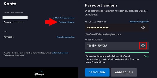 Disney+ Passwort ändern PC-Ansicht