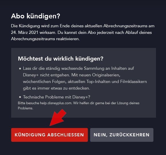 Disney+ kündigen Bestätigung