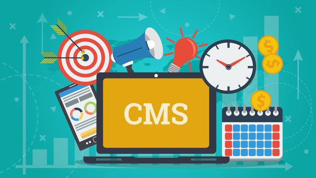 Vector horizontal banner of content management system - CMS. Laptop, smart phone, clock and money, CMS-System,
