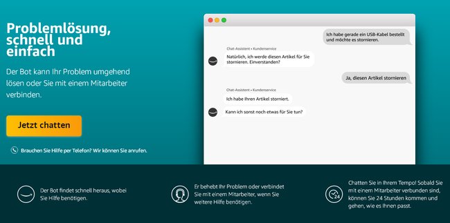 Screenshot der Chat-Startseite von Amazon