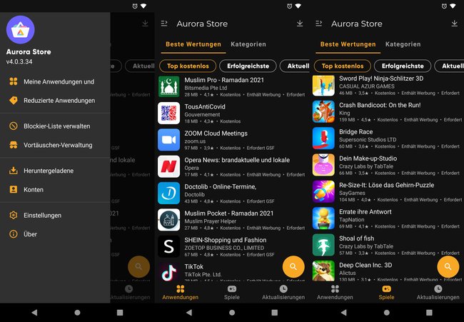 Der „Aurora Store“ installierte alle kostenlosen Apps aus dem Google Play Store. Bild: GIGA