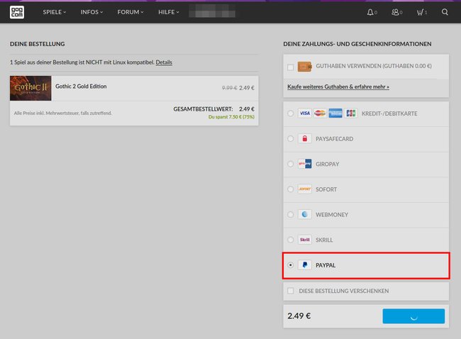 Hier bezahlen wir bei GOG.com mit PayPal. Bild: GIGA