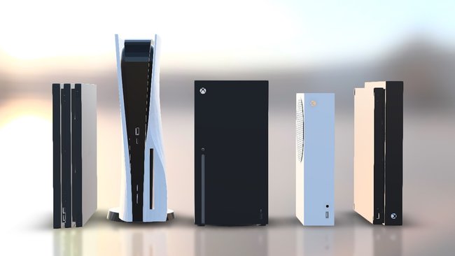 Die Größe der PS5 mit Laufwerk und Standfuß im Vergleich zur PS4 Pro und anderen Xbox-Konsolen (Bildquelle: Windows Central).