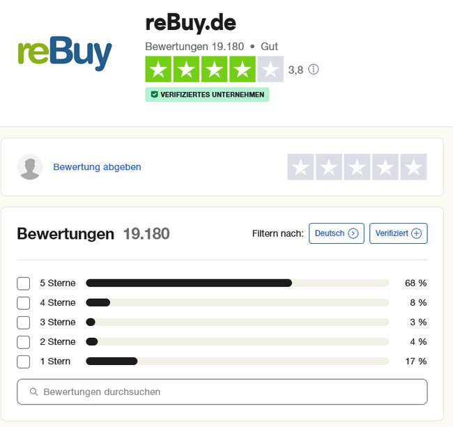 Screenshot der Trustpilot-Bewertungen von Rebuy