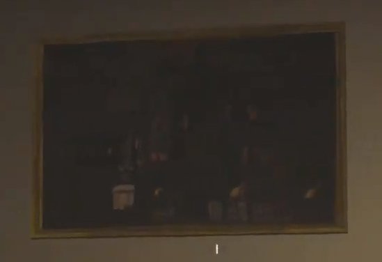 So sieht das Gemälde mit dem Haus im Dunkeln aus.