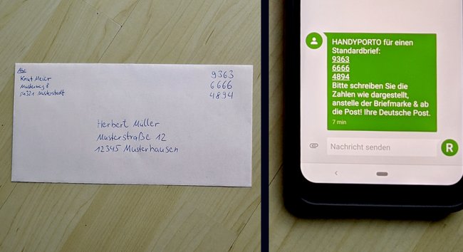 Der Zahlencode aus der SMS wird statt der Briefmarke auf den Brief geschrieben. Bild: GIGA