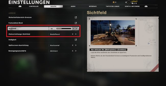 Hier könnt ihr die Sichtfeld-Einstellung ändern.