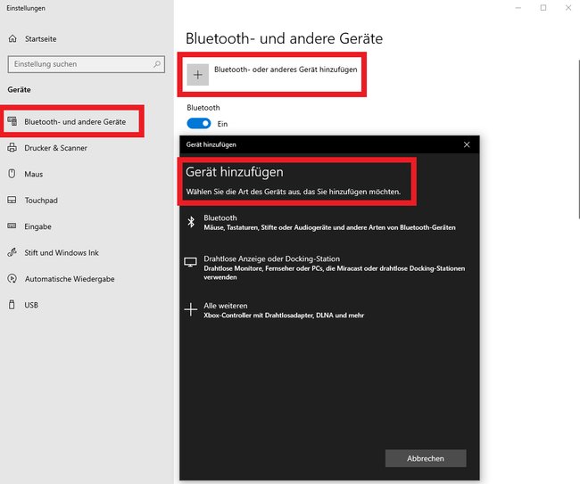 Windows-Menü zum Hinzufügen von Bluetooth-Geräten