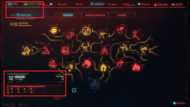 Oben links seht ihr Charakterlevel und Street Cred. Unten links das Level der jeweiligen Fertigkeit.