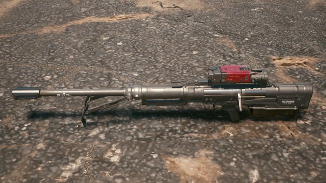 Ikonische Waffe "O'Five" (Scharfschützengewehr) in Cyberpunk 2077.