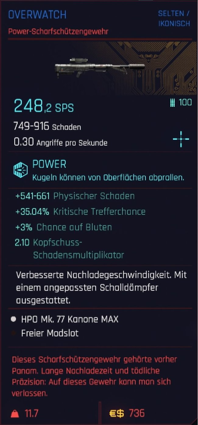 Werte und Eigenschaften der Overwatch (Werte können variieren).