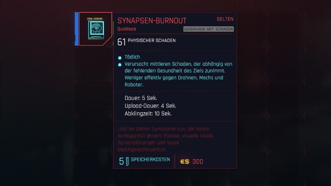 Mit "Synapsen-Burnout" bekommt ihr zusätzlich einen neuen Quickhack, wenn ihr die Virus entfernt.