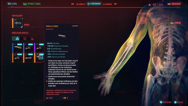 Legendäre Cyberware "Gorilla-Arme" in Cyberpunk 2077.