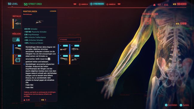 Legendäre Cyberware "Mantisklingen" in Cyberpunk 2077.