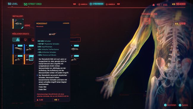 Legendäre Cyberware "Monodraht" in Cyberpunk 2077.