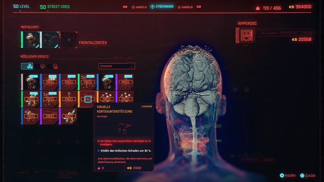 Legendäre Cyberware "Visuelle Kortexunterstützung" in Cyberpunk 2077.