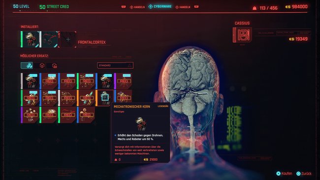 Legendäre Cyberware "Mechatronischer Kern" in Cyberpunk 2077.