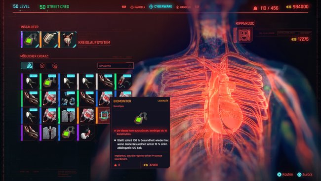 Legendäre Cyberware "Biomonitor" in Cyberpunk 2077.