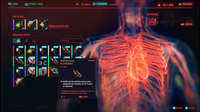 Legendäre Cyberware "Bioplastische Blutgefäße" in Cyberpunk 2077.