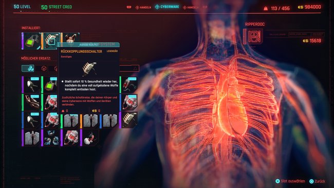 Legendäre Cyberware "Rückkopplungsschalter" in Cyberpunk 2077.