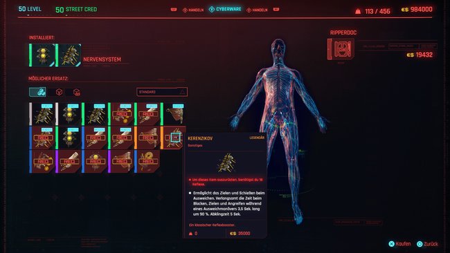 Legendäre Cyberware "Kerenzikov" in Cyberpunk 2077.