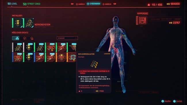 Legendäre Cyberware "Reflexmodulator" in Cyberpunk 2077.